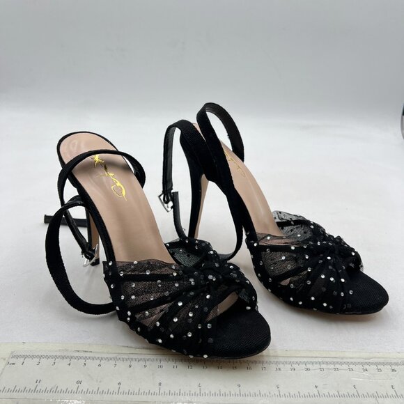 XYD Black Stiletto High Heel Ankle Strap Crystal Studs Sheer Mesh Knotted Sandal - Picture 4 of 8